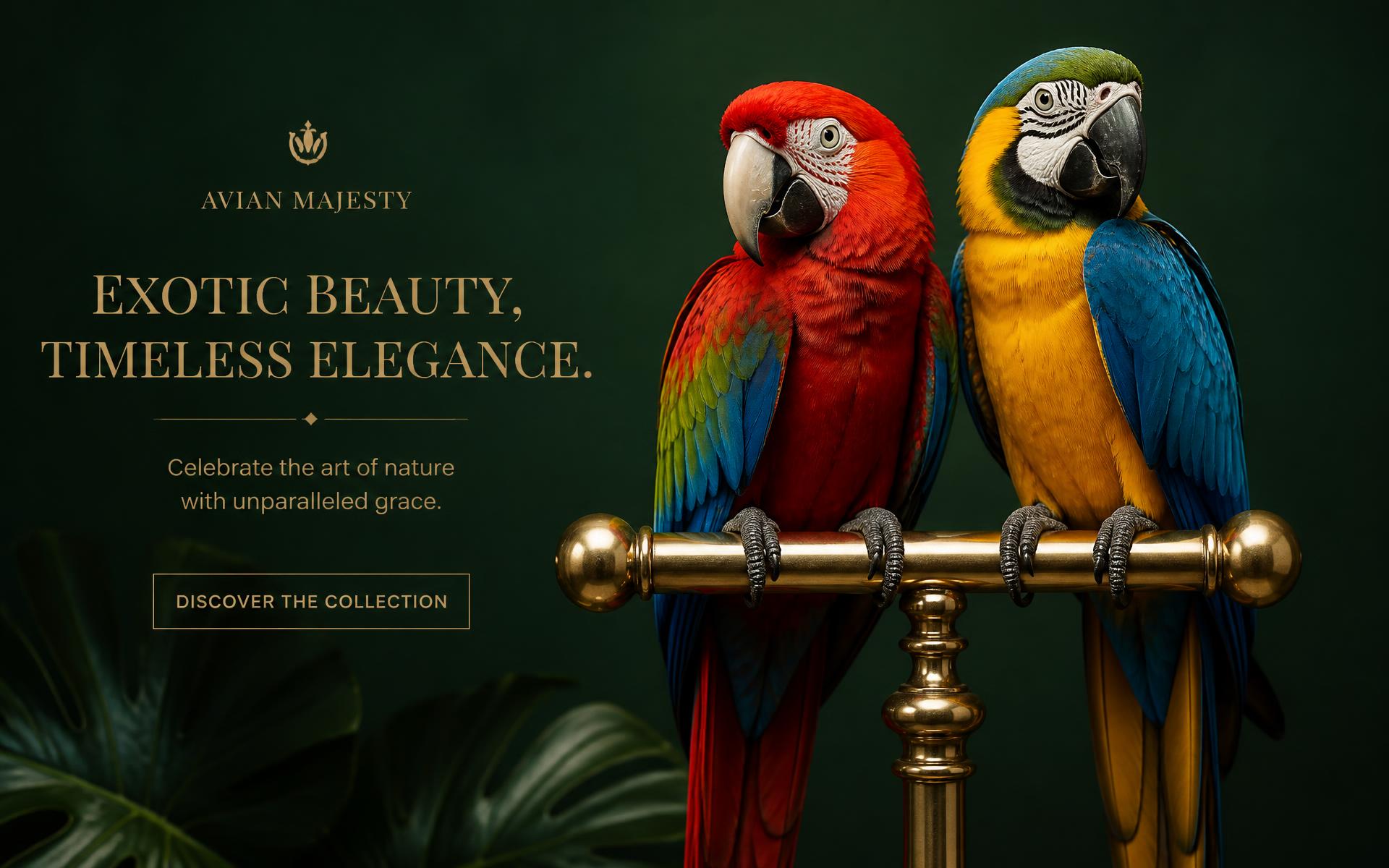 Scarlet and blue-and-gold macaws perched on a polished brass stand