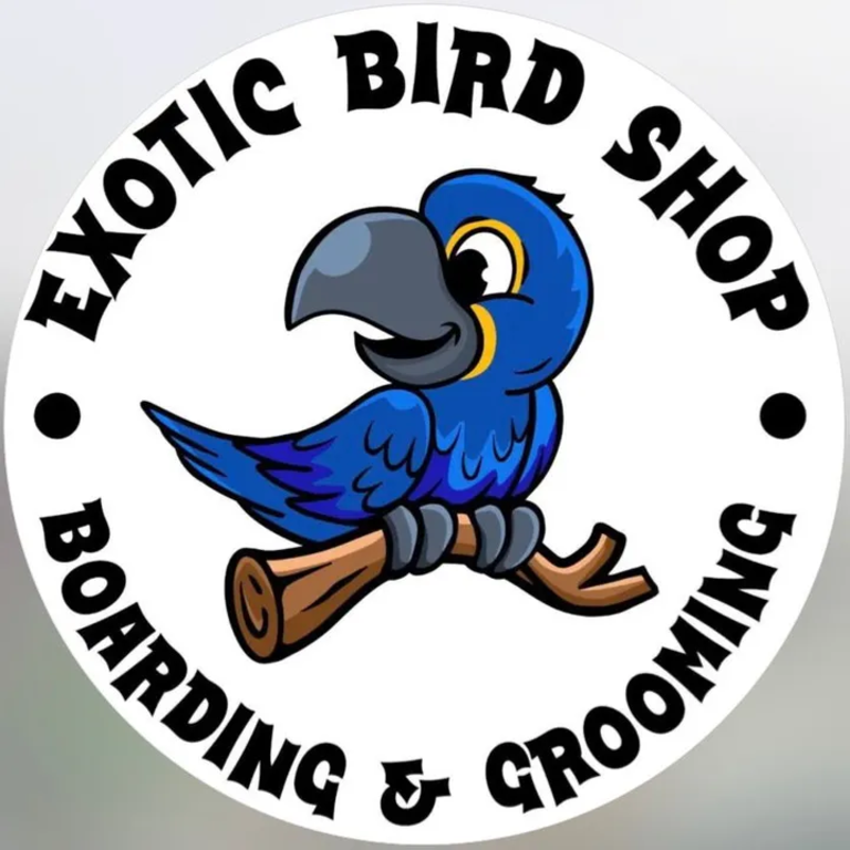 Exotic Bird Shop logo — blue hyacinth macaw parrot emblem